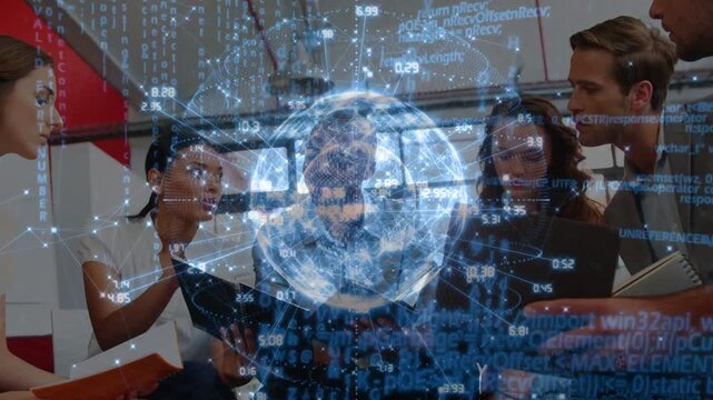 Five colleagues starting data meeting and activating holo globe, central member anchoring overlay