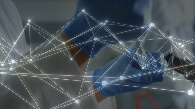 Animated network sweeping in from left, lab tech with blue gloves handling probe showing procedure