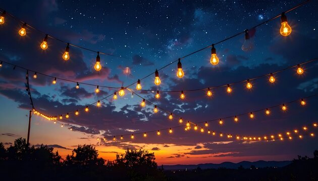 Decorative string lights glowing under a starry night sky with colorful sunset clouds