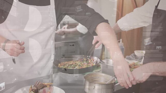Right chef lifting skillet, left chef steadying pan while overlaid graphics showing kitchen plating