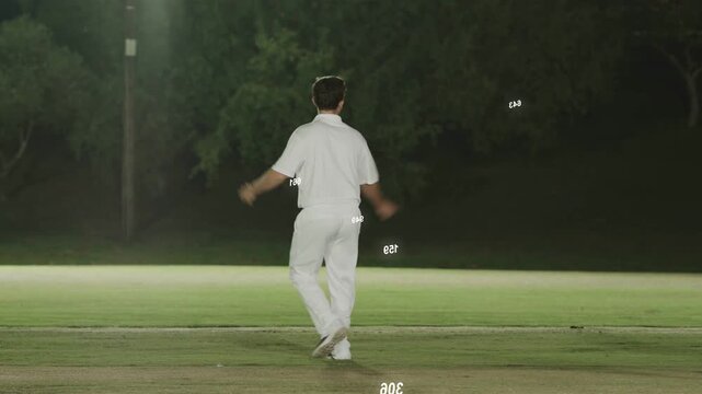 Bowler starting delivery and releasing ball, fielders appealing for wicket, yellow numbers floating