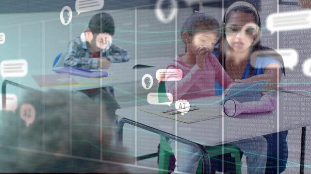 Teacher guiding girl in classroom, touching pouch and activating AI chats, gridlines for learning
