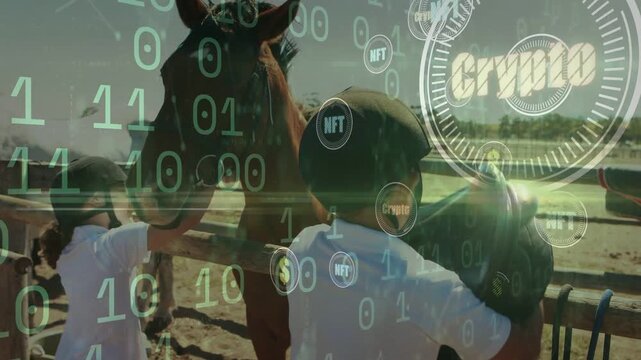 Left child reaching horse head right child adjusting saddle in ranch sparking crypto binary overlay