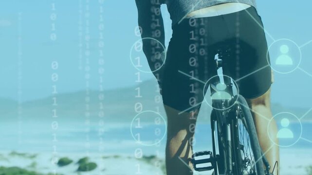 Cyclist pedaling along coastal road as camera panning and binary overlay mapping ride data for tech