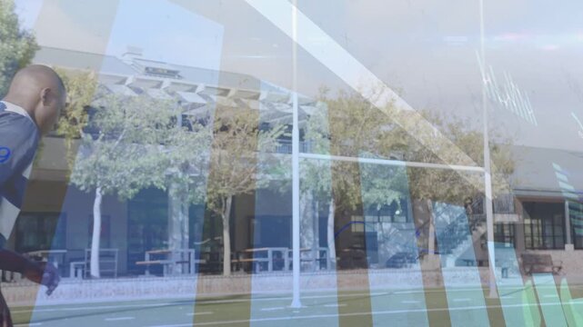 Male athlete walking, lining up and kicking ball for sports training, transparent overlay obscuring