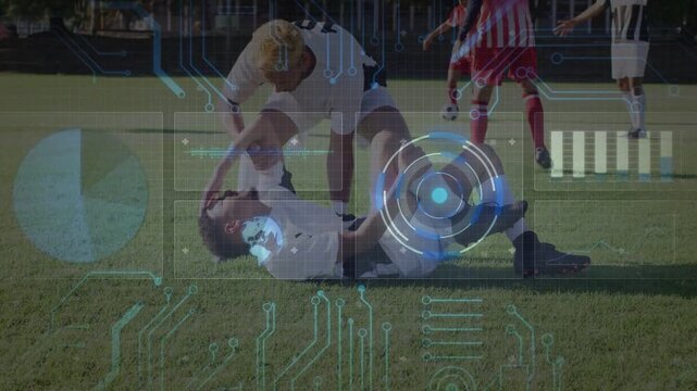 Soccer player moving, kneeling, checking head injury while HUD radar pie bar pulsing over player