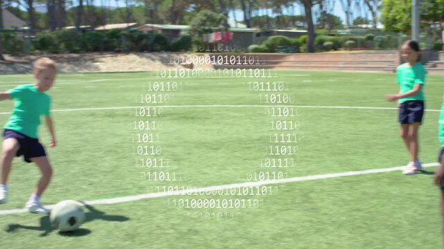 Right girl stepping rolling ball on center circle 3 girls practicing passing soccer binary overlay
