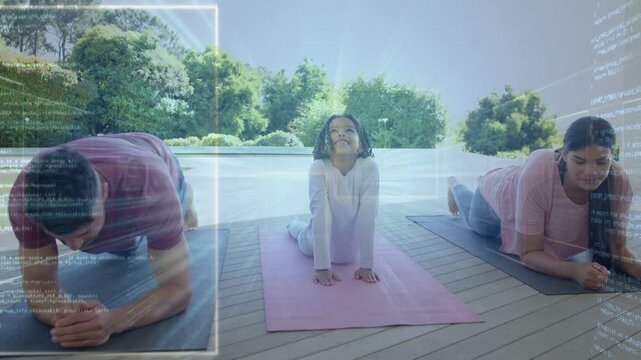 Mom and dad starting yoga, daughter pressing cobra on pink mat, parents planking, digital overlay