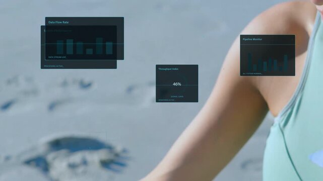 Woman sitting on sand square by nose opening HUD widgets around arm extending mudra tracking health