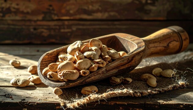 Rustic wooden scoop filled with dried fava beans on textured surface