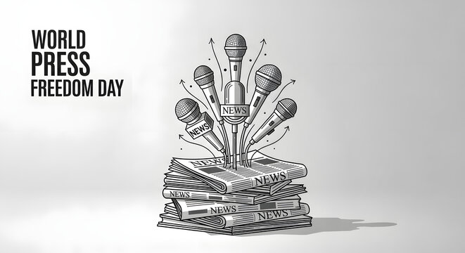World Press Freedom Day illustration with hands holding tools and newspaper stack
