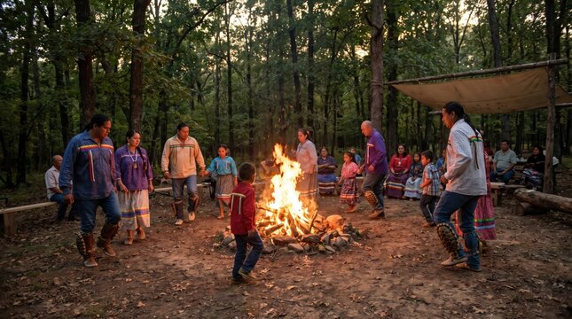 Indigenous Cherokee Community Ceremonial Fire Dance in Woodland at Twilight