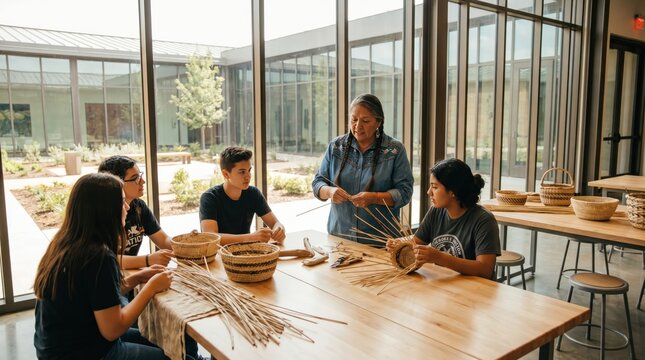 Cherokee Basket Weaving Cultural Workshop with Elder and Young Native Students