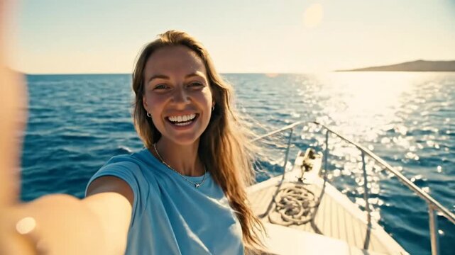 Happy woman smiling and waving on boat enjoying beautiful sunny day on the water, travel and vacation concept
