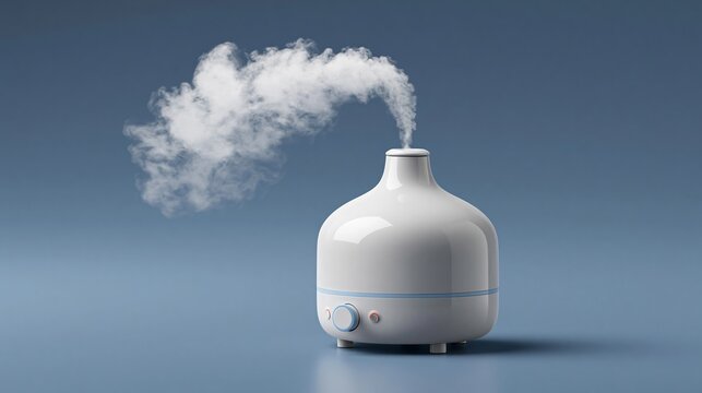 White ceramic essential oil diffuser emitting steam against a blue background, featuring a simple design with a control knob and light indicator for easy operation