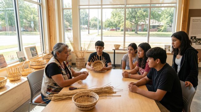 Native American Elder Instructing Teenagers in Traditional Basket Weaving Workshop