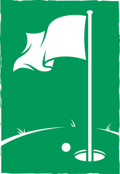 A minimalist flat vector of a white golf flag waving above a hole with a ball nearby on a textured green background. This clean graphic depicts a successful putt and the final goal on a golf course.