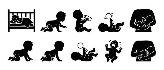Fototapeta premium Baby Icons Set Silhouette Collection for Newborn Care, Development, and Parenting Activities. Includes sleeping infant, crawling baby, feeding, crying, and mother holding child vector graphic design e