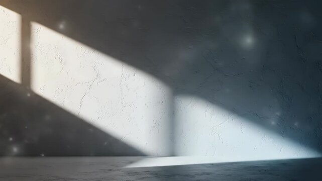 Sunlight streaming through a window, casting geometric shadows and illuminating dust motes against a textured wall