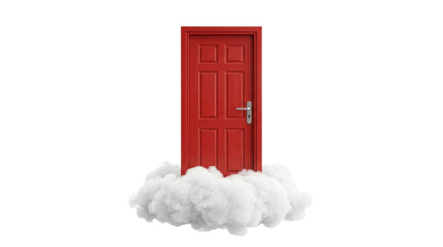 Closed red wooden door standing on fluffy white cloud isolated on png background.