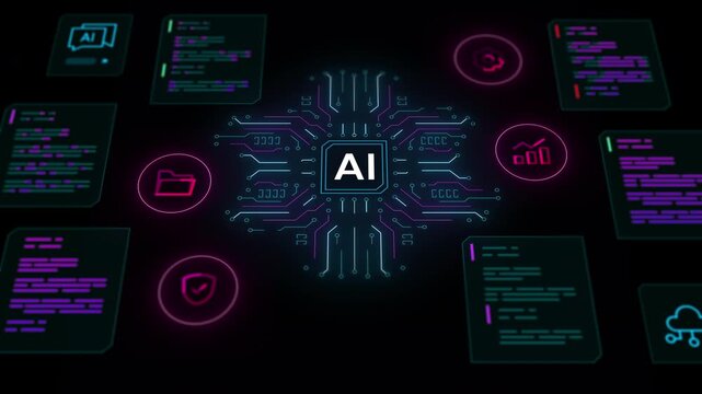 Digital brain structure represented by glowing circuit lines and central intelligence core with connected data nodes.
