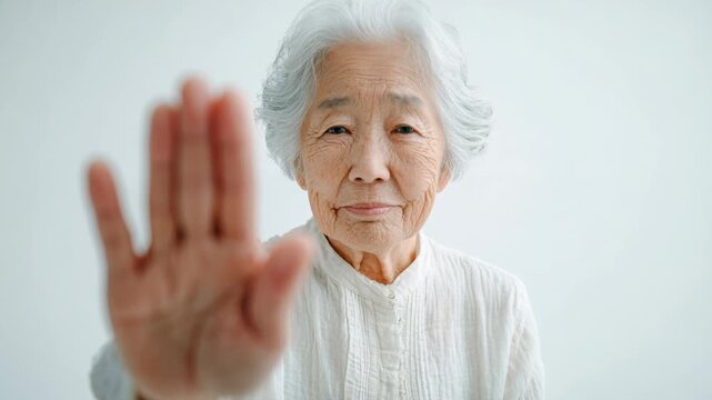 Senior Asian woman raises palm forward in confident stop gesture against white background