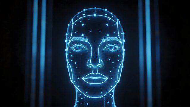 Digital face with glowing blue lines