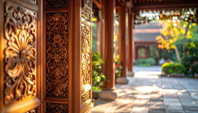 Intricately carved wooden pillar detail in a traditional Asian temple gallery with dappled sunlight illuminating the ornate craftsmanship.