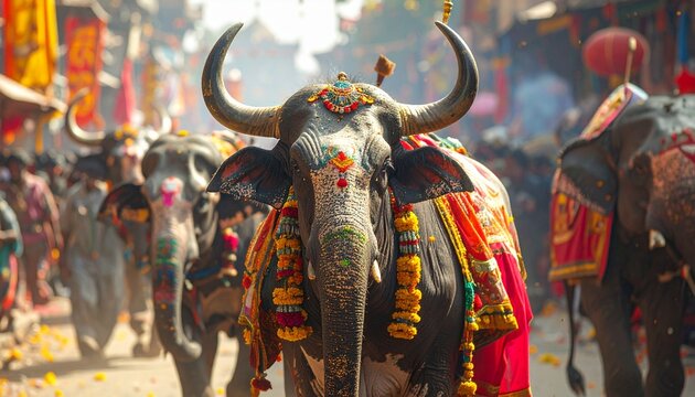 Vibrant Procession of Decorated Elephants and Buffaloes in a Festive Indian Street Scene