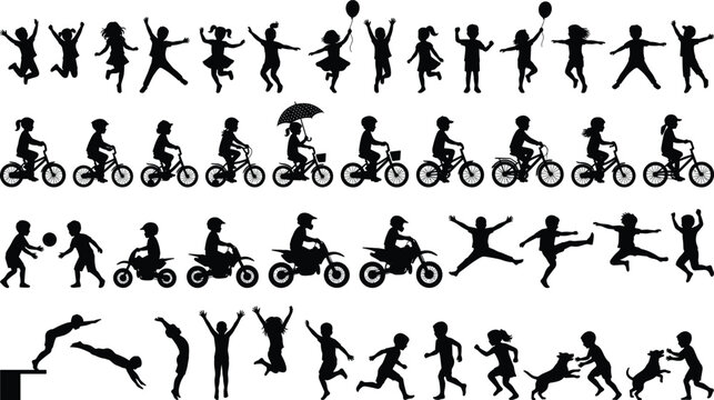 Children silhouette illustration with playful activities, cycling, ball games, dancing, jumping, running, dogs, umbrella, joyful childhood motion