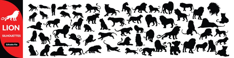Set of lion silhouette vector illustrations, wild animal graphic design collection, powerful jungle predator symbols, African wildlife icons, big cat artwork for nature themes © Designby