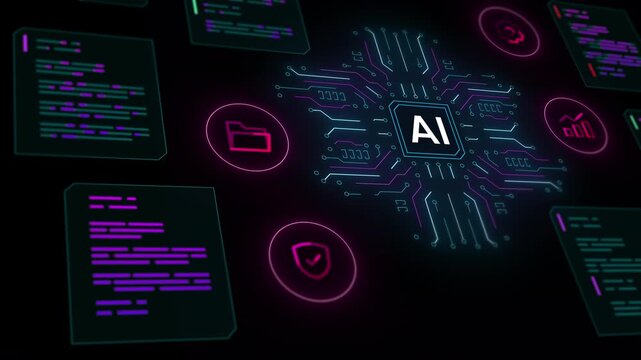 Artificial intelligence system monitoring secure data folders and encrypted communication panels in neon style.