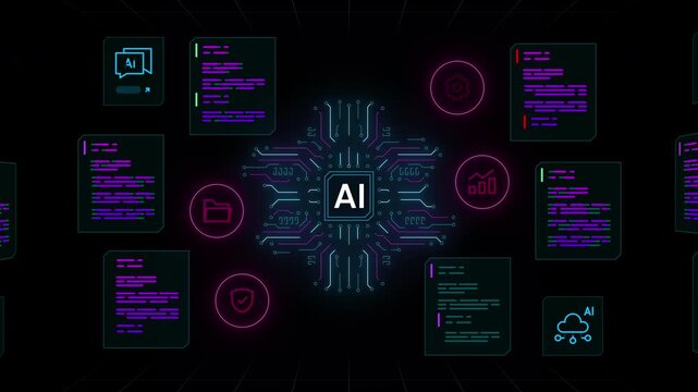 Specialized artificial intelligence core managing complex data arrays and technical floating information screens.