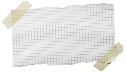 Torn graph paper sheet with grid lines secured by beige tape, isolated on transparent background © Corotaev