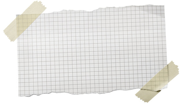 Torn graph paper sheet with grid lines secured by beige tape, isolated on transparent background