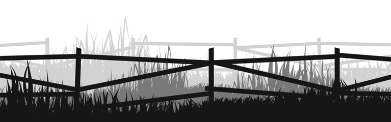 Fototapeta premium Meadow silhouettes with grass and old wooden fence. Countryside, panoramic summer lawn rural landscape with herbs, weeds. Herbal border, frame element. Black horizontal banners. Vector illustration