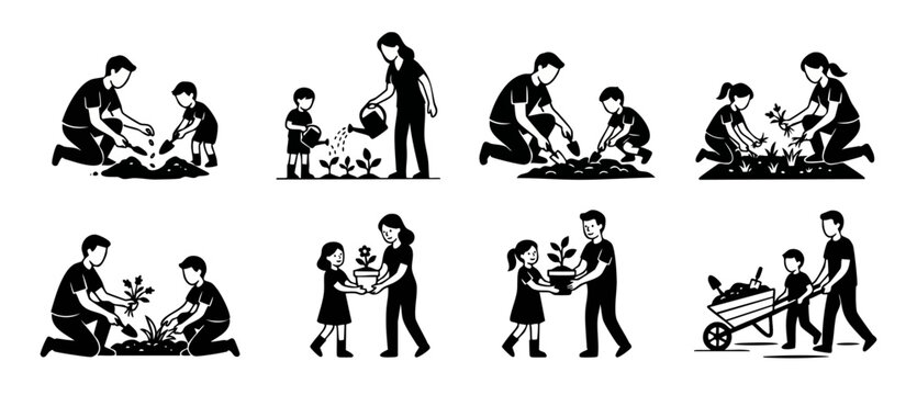 Family Gardening Activities Icon Set, Parents and Children Planting Vegetables and Flowers in the Garden, Vector Silhouette Illustration of People Working Together, Sustainable Lifestyle and Hobby Con