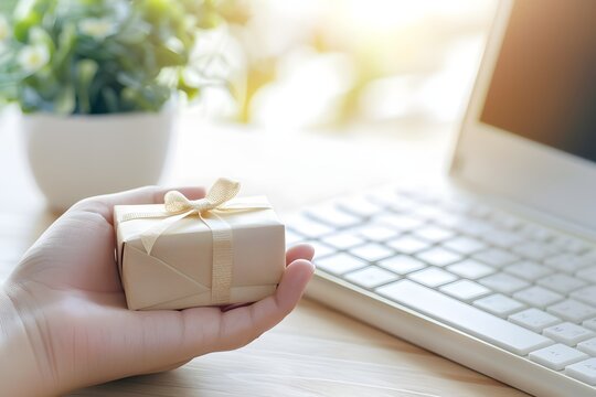 Kleine Geschenkbox in der Hand vor Laptop in heller ruhiger Umgebung
