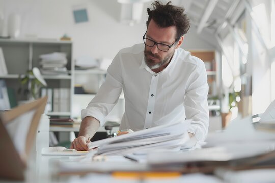 Gesch&auml;ftsmann sortiert Dokumente am Schreibtisch im hellen modernen B&uuml;ro
