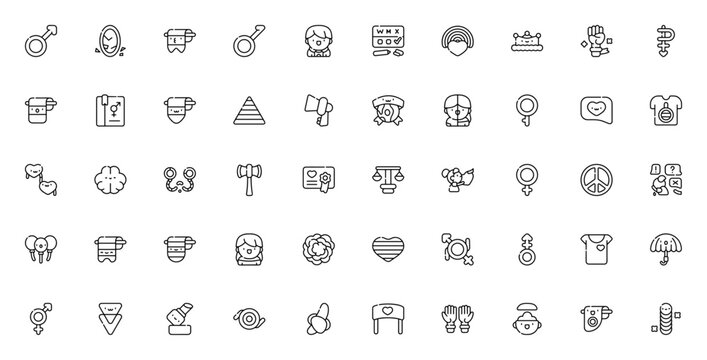 Gender identity icon set. Vector symbols for LGBTQ+ pride, diversity and equality. Includes man, woman, transgender, bisexual, pansexual, non-binary, rainbow, love, respect and more.