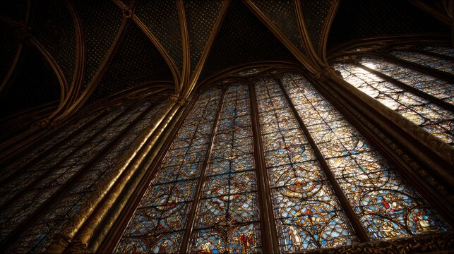 Intricate Gothic stained glass windows with ornate leadwork framing within a vaulted architectural ceiling