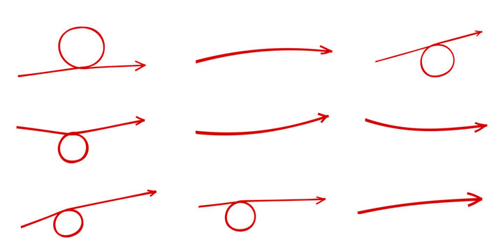 Collection of hand-drawn red doodle arrows with circular elements, isolated on white background, design elements for graphic design, web UI, sketches and abstract diagrams