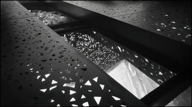 Intricate Geometric Cutouts in Metal Sheeting Creating a Play of Light and Shadow