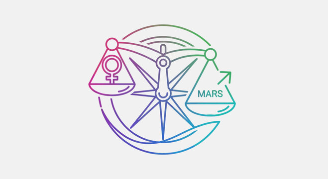 Libra scales balancing female symbol and Mars symbol, representing gender equality and balance