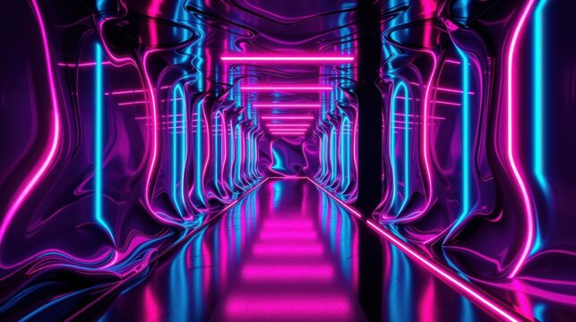 Neon corridor extends into darkness. Vibrant pink, blue lights create futuristic tunnel effect. Smooth curves define space.