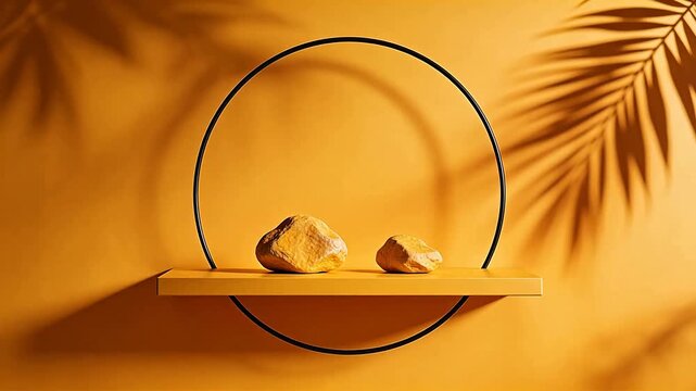 Rocks on shelf with circular frame