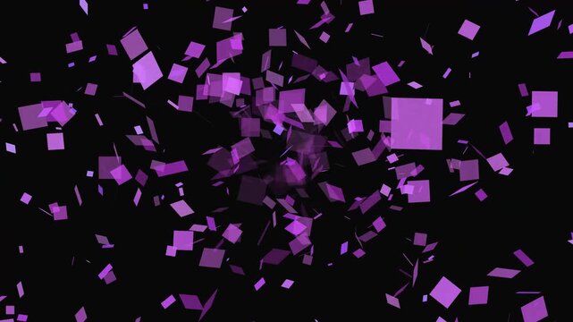 Purple squares exploding and scattering against black background. Purple squares abstract geometric. Kinetic purple squares forming a colorful explosion for modern digital art.