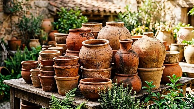 Stacked terracotta pots in garden emphasizing modern aesthetics and minimalist design