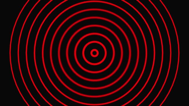 Red concentric circles and center dot against black background. Red concentric circles abstract. Symmetrical red concentric circles for target and digital interface illustrations.