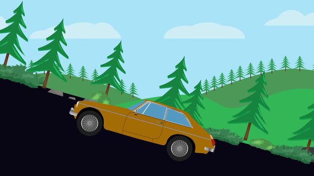 Retro car animation going up to the hill, nature trees background